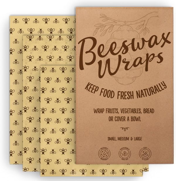 Reusable, Eco Friendly Beeswax Food Wraps, Organic Cotton Food Storage, Assorted Pack of 3 (S, M, L) - Sustainable, Durable, Washable