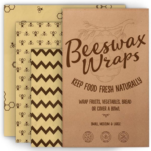 Reusable, Eco Friendly Beeswax Food Wraps, Organic Cotton Food Storage, Assorted Pack of 3 (S, M, L) - Sustainable, Durable, Washable