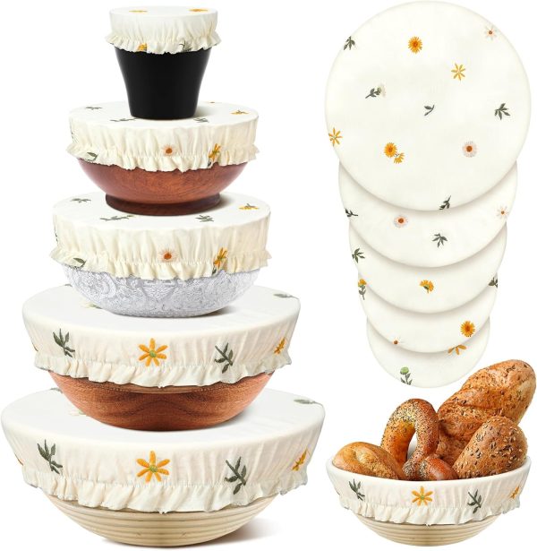 10 Pcs Bowl Covers Reusable in 5 Size Stretch Cloth Fabric Elastic Food Storage Bowl Covers Bread Sourdough Lids for Proofing Food Fruits Leftover(Embroidery Daisy)