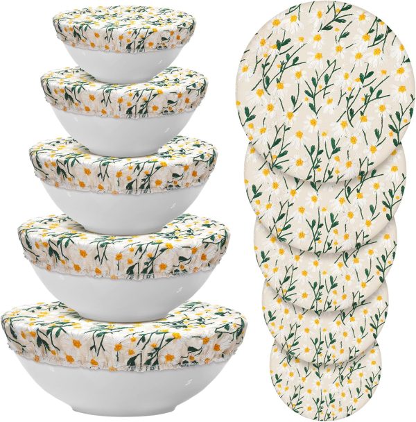 10 Pcs Bowl Covers Reusable in 5 Size Stretch Cloth Fabric Elastic Food Storage Bowl Covers Bread Sourdough Lids for Proofing Food Fruits Leftover(Chrysanthemum)