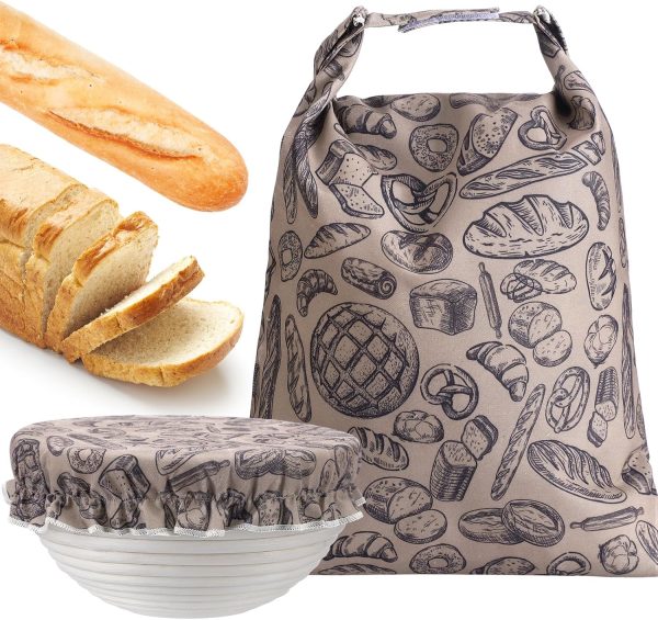 2 Pcs Beeswax Bread Bags 12" x 16" Reusable Linen Bread Bag for Sourdough Homemade with 10" Cotton Bowl Cover Freezer Food Storage Wraps to Keep Fresh, Baker Gift Set