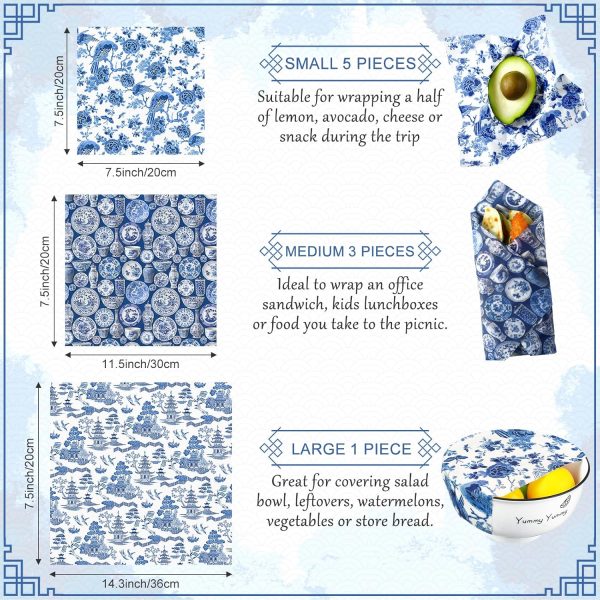 9 Pack Chinoiserie Reusable Beeswax Wrap Food Beeswax Paper for Sourdough Bread Cheese Paper Wrapping Cheese Wax Cloth Food Wraps Bread Sandwich Wrapper 1 XL 3 Medium 5 S(Blue) - Image 2