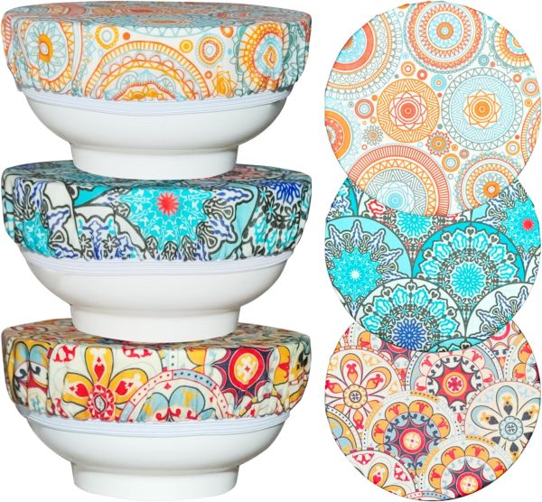 3 PCS Reusable Bowl Lids - Eco Friendly Beeswax Bowl Covers - Elastic Fabric Lids With Cotton - Sustainable Food Storage Covers for Leftover, Fruit, Salads