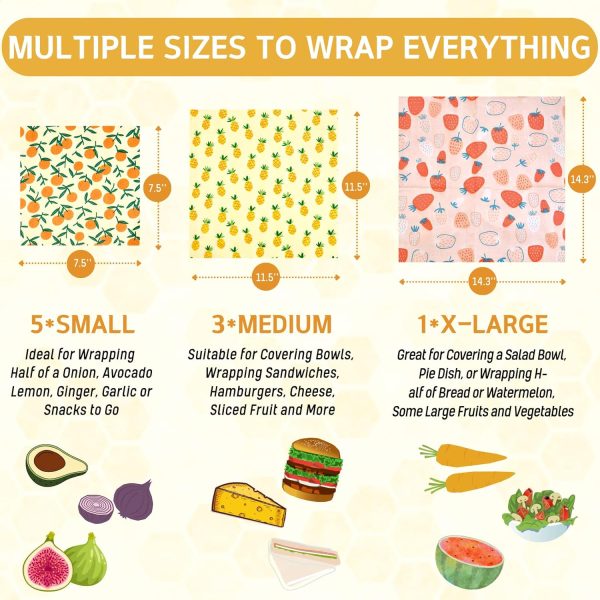 Reusable Beeswax Wrap - 9 Pack Beeswax Wraps for Food, Eco-Friendly Beeswax Food Wraps, Bread Sandwich Food Wrap - Organic, Sustainable, Zero Waste, Plastic-Free Food Storage, 1XL, 3M, 5S - Image 2