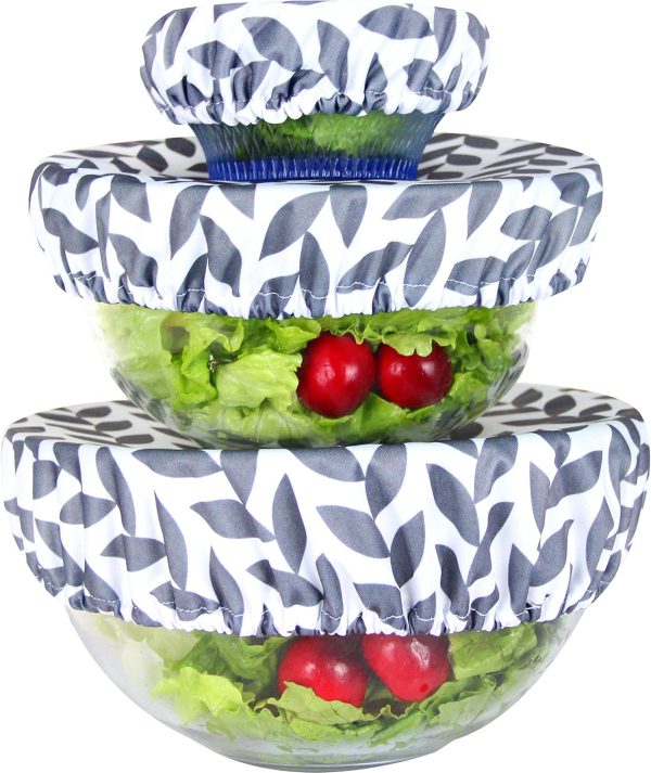 Elastic Reusable Bowl Covers - Set of 3, Grey Leaf